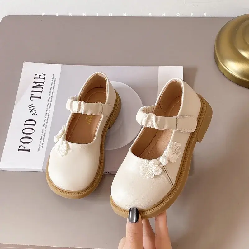 Girls Leather Shoes Chinese Style 2025 Spring Autumn Kids Flat Shoes Pu Pleated Round Toes Girls Princess Shoes Sweet Ins Trendy