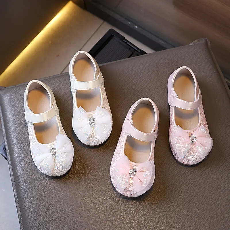 Little Girl Leather Shoes Sequins Patchwork Children Princess Shoes Elegant Lace Bowknot Kids Party Shoes Soft Wedding Versatile