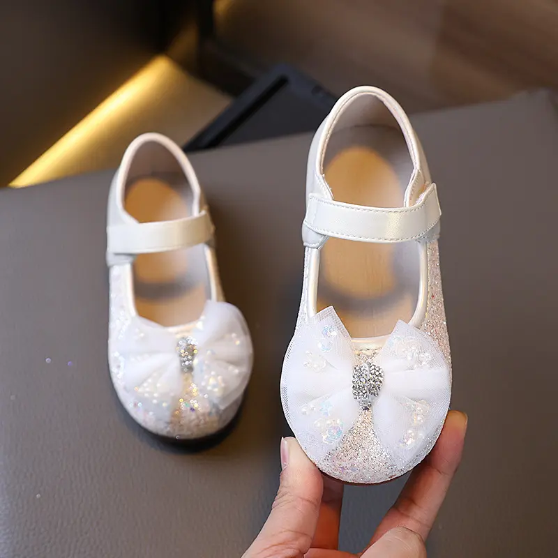 Little Girl Leather Shoes Sequins Patchwork Children Princess Shoes Elegant Lace Bowknot Kids Party Shoes Soft Wedding Versatile