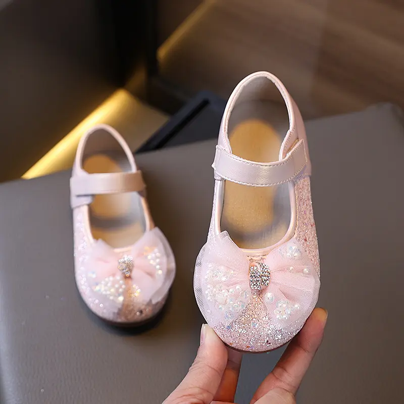 Little Girl Leather Shoes Sequins Patchwork Children Princess Shoes Elegant Lace Bowknot Kids Party Shoes Soft Wedding Versatile