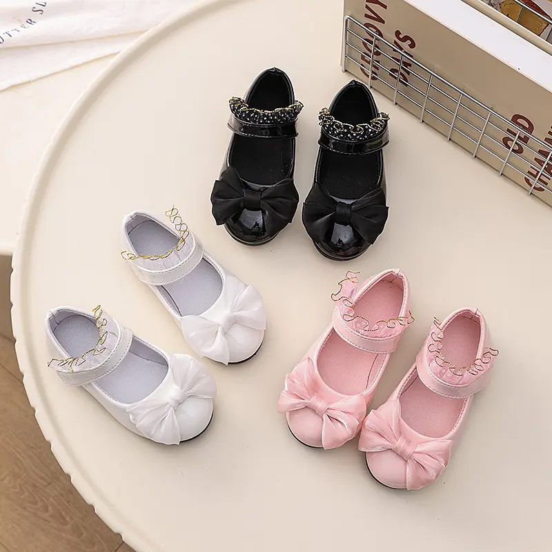 Girls Leather Shoes Fashion Chic New Kids Spring and Autumn Princess Shoes with Bowknot Anti Slip Wedding Party Children's Flats