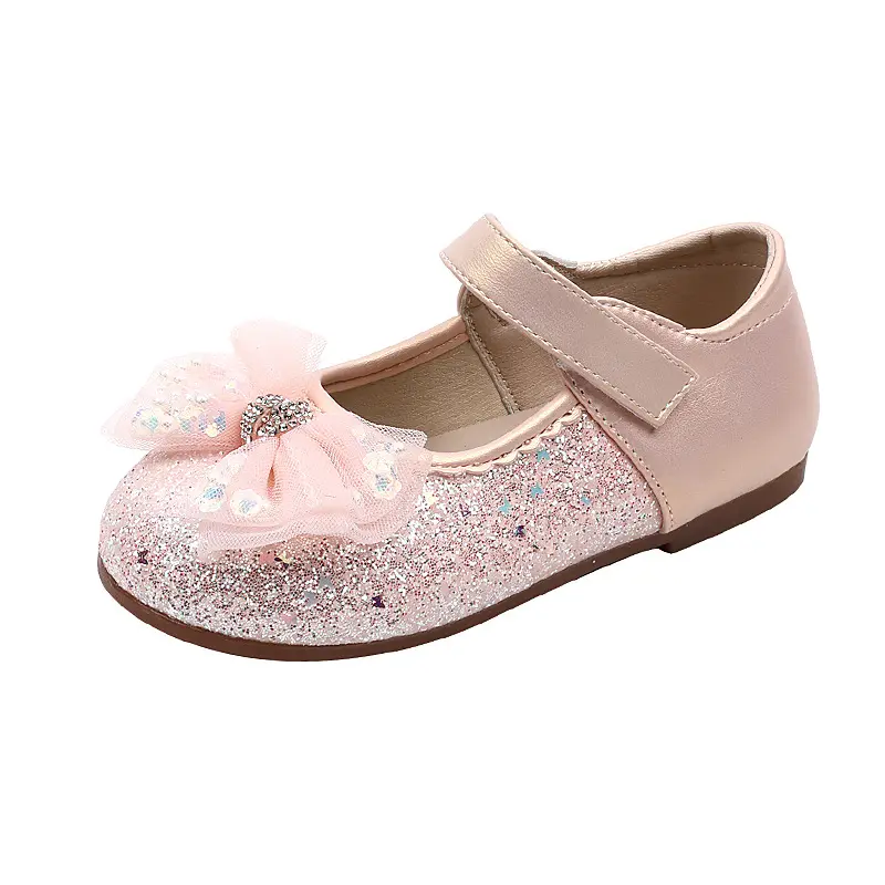 Little Girl Leather Shoes Sequins Patchwork Children Princess Shoes Elegant Lace Bowknot Kids Party Shoes Soft Wedding Versatile