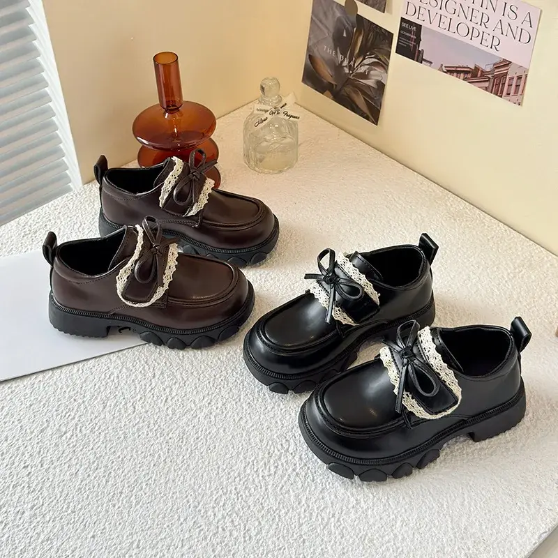 2025 Children Leather Shoes for Girls Spring New Fashion Korean Style Soft Sole Anti-slippery Versatile Chic Lace Princess Shoes