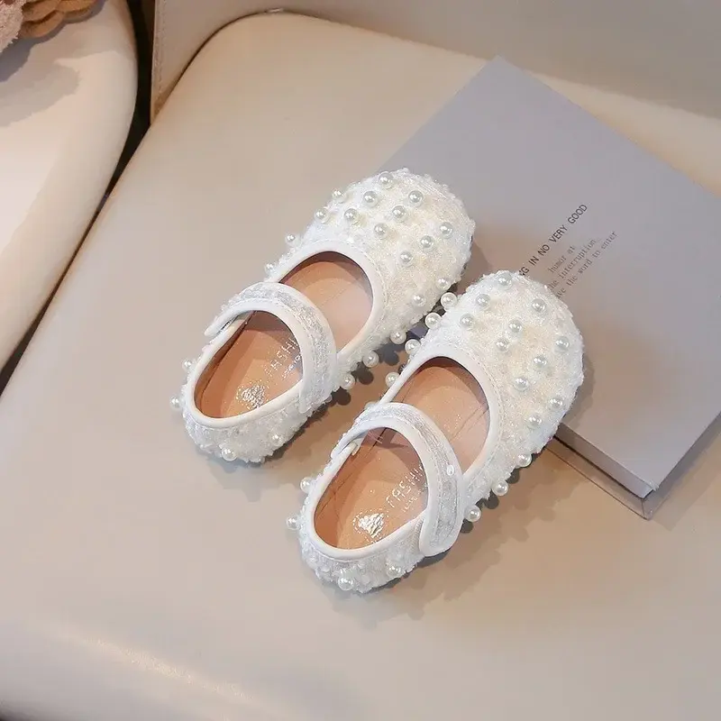 Girls Flat Shoes Elegant Round Toes 2025 New Kids Dance Shoes Non-slip Soft Sole Girls Princess Shoes with Sweet Pearl Ins Trend
