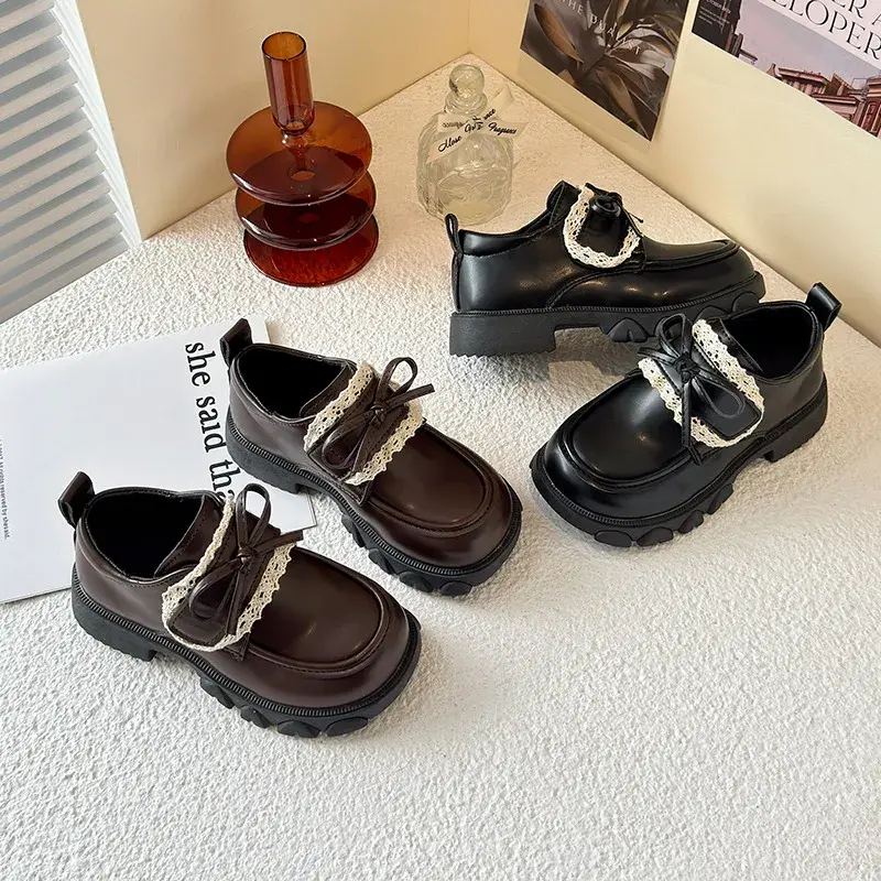 2025 Children Leather Shoes for Girls Spring New Fashion Korean Style Soft Sole Anti-slippery Versatile Chic Lace Princess Shoes
