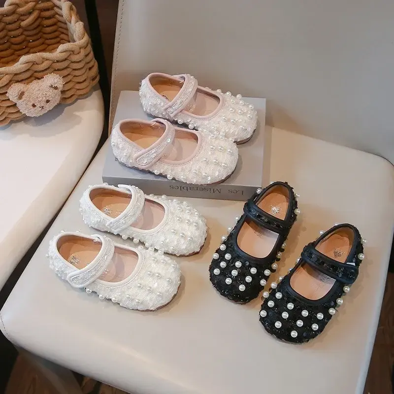 Girls Flat Shoes Elegant Round Toes 2025 New Kids Dance Shoes Non-slip Soft Sole Girls Princess Shoes with Sweet Pearl Ins Trend