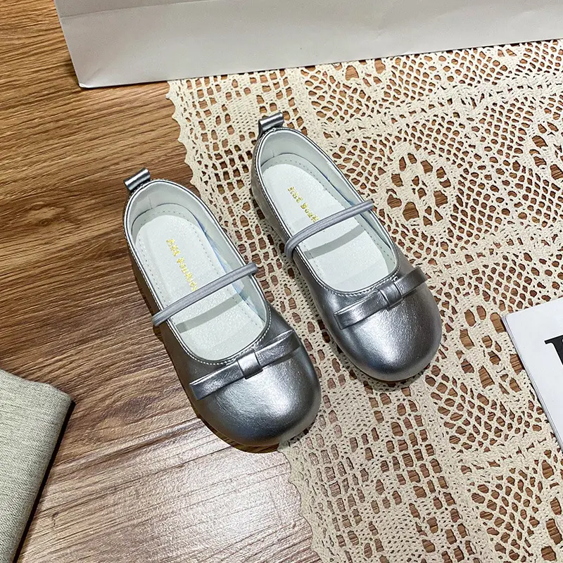 Girls Princess Ballet Shoes Fashion Dance Versatile Children's Flats Soft Bottom Simple Bowknot Kids Causal Leather Shoes Silver