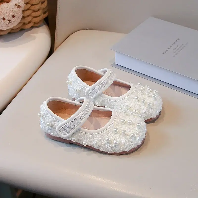 Girls Flat Shoes Elegant Round Toes 2025 New Kids Dance Shoes Non-slip Soft Sole Girls Princess Shoes with Sweet Pearl Ins Trend