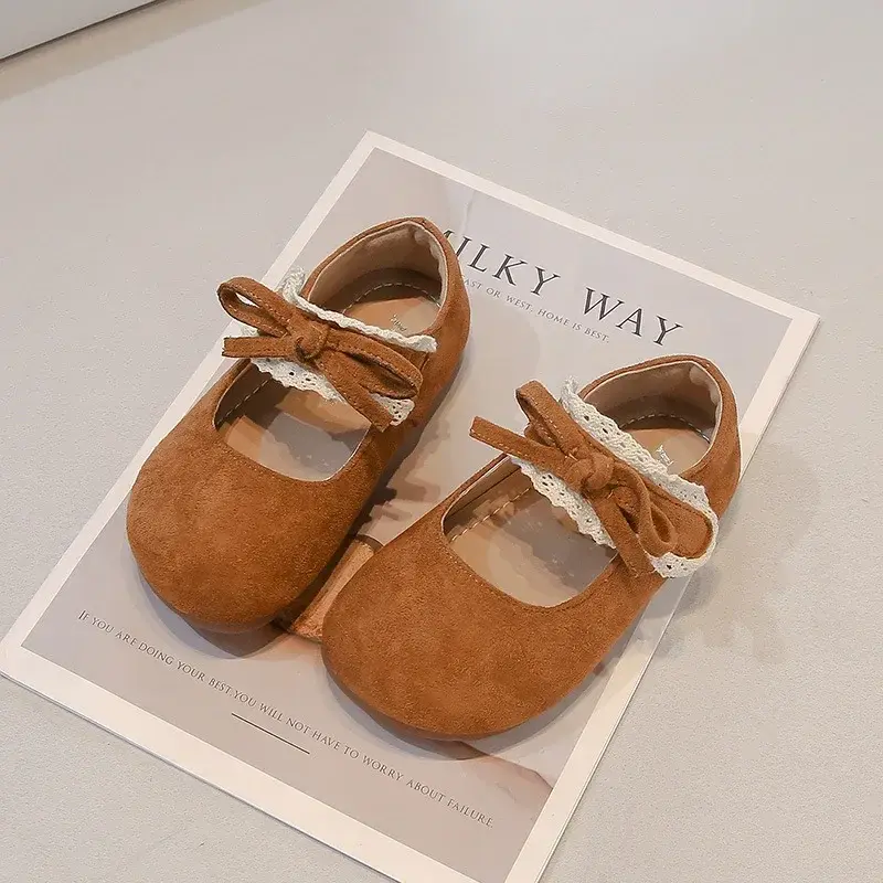 Kids Flat Shoes Round Toes Soft Sole 2025 New Fashion Girls Moccasins Sweet Lace Bow Children Leather Shoes Pu Comfort Ins Trend