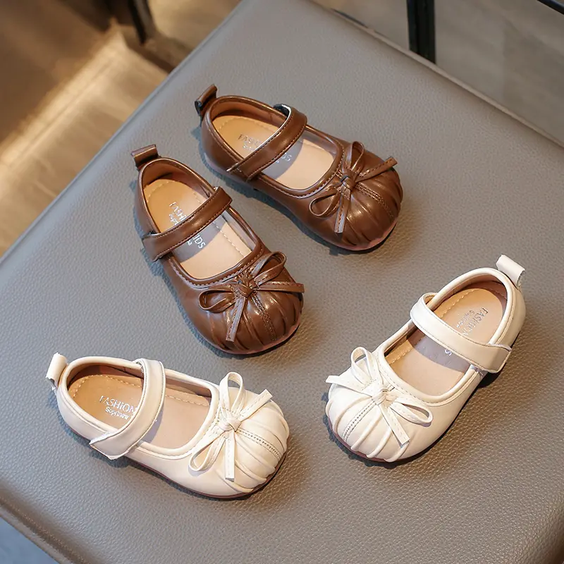 2025 New Kids Fashion Girls Leather Shoes Elegant Pleated Bowknot Children Princess Shoes Causal Versatile Toddlers Flat Shoes