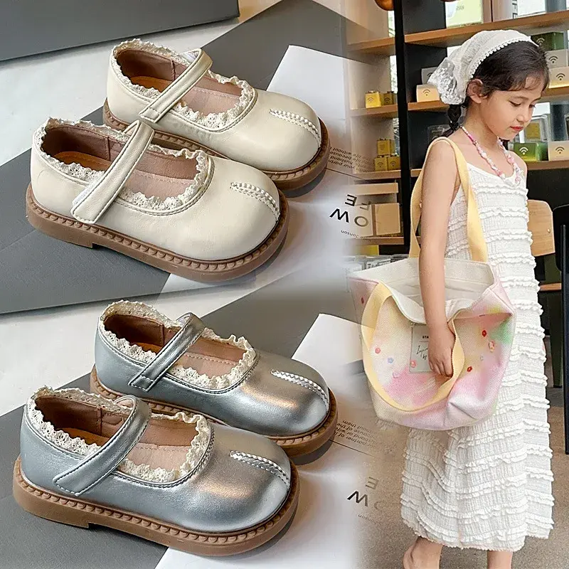 2025 Children Leather Shoes for Girls Spring New Fashion Korean Style Soft Sole Anti-slippery Versatile Chic Princess Lace Shoes