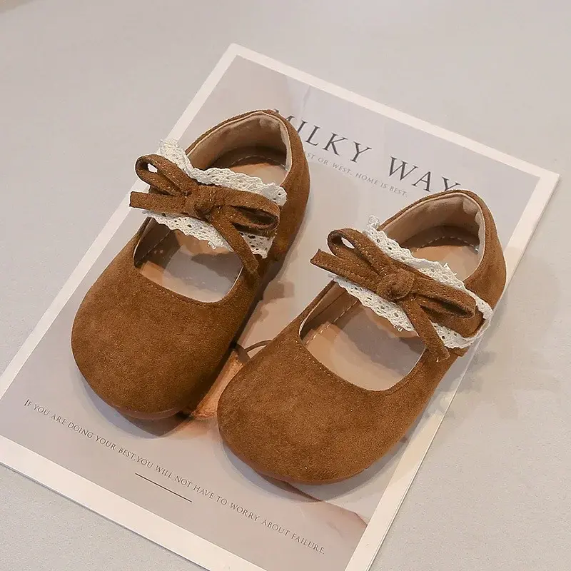 Kids Flat Shoes Round Toes Soft Sole 2025 New Fashion Girls Moccasins Sweet Lace Bow Children Leather Shoes Pu Comfort Ins Trend