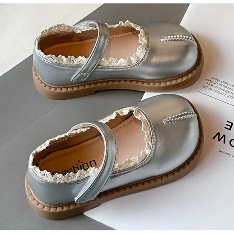 2025 Children Leather Shoes for Girls Spring New Fashion Korean Style Soft Sole Anti-slippery Versatile Chic Princess Lace Shoes