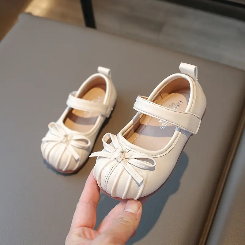 2025 New Kids Fashion Girls Leather Shoes Elegant Pleated Bowknot Children Princess Shoes Causal Versatile Toddlers Flat Shoes