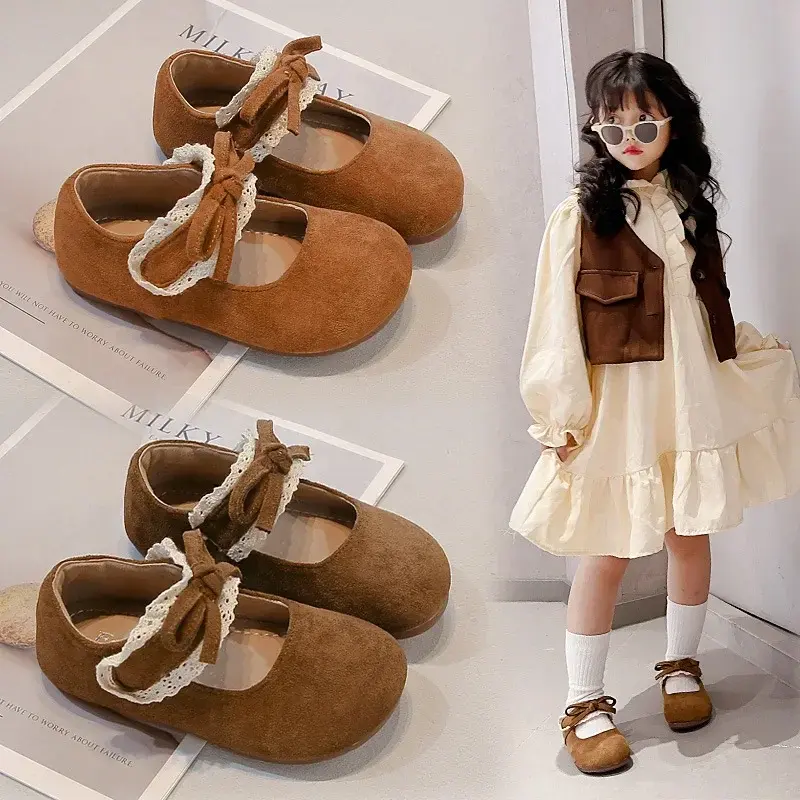 Kids Flat Shoes Round Toes Soft Sole 2025 New Fashion Girls Moccasins Sweet Lace Bow Children Leather Shoes Pu Comfort Ins Trend