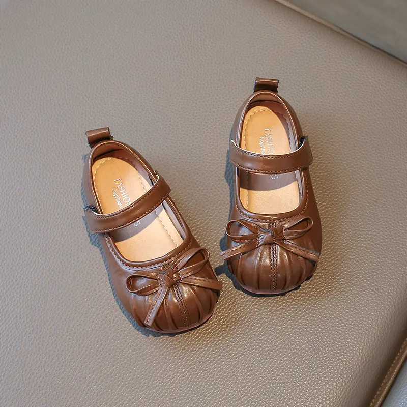 2025 New Kids Fashion Girls Leather Shoes Elegant Pleated Bowknot Children Princess Shoes Causal Versatile Toddlers Flat Shoes