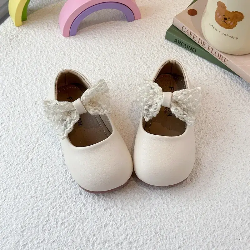 Girls Leather Shoes Mesh Lace Bows 2025 New Kids Flat Shoes Round Toes Sweet Ins Trendy Girls Princess Shoes Pu Elegant Shiny
