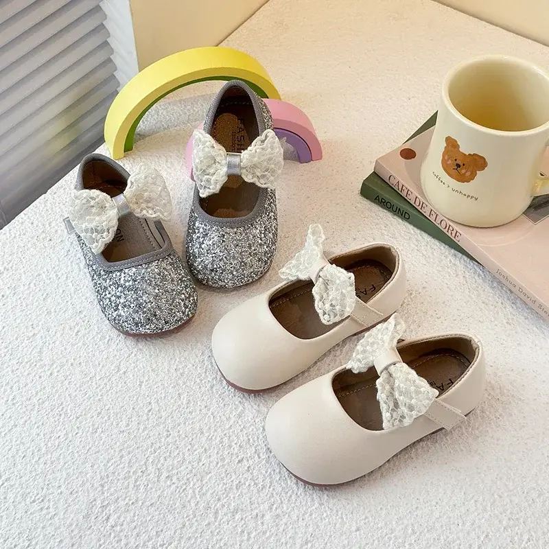 Girls Leather Shoes Mesh Lace Bows 2025 New Kids Flat Shoes Round Toes Sweet Ins Trendy Girls Princess Shoes Pu Elegant Shiny