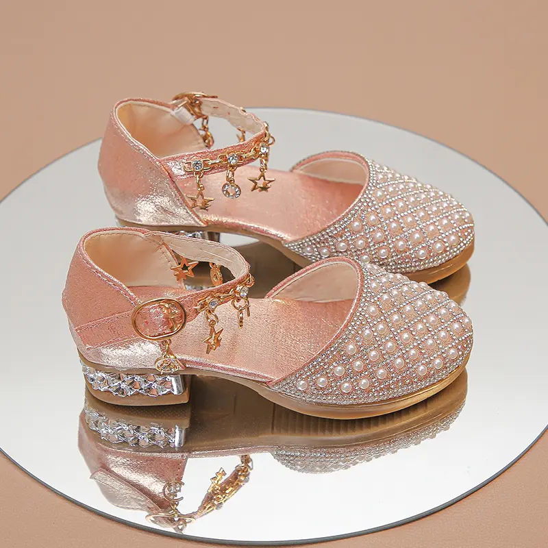 Girls Dress Shoes for Wedding Party Glitter Rhinestone with Pendants Shiny Glitter Fashion Princess Kids Leather Shoes High Heel