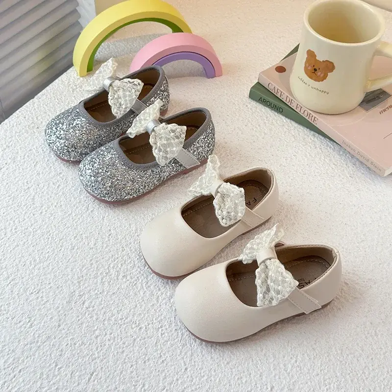 Girls Leather Shoes Mesh Lace Bows 2025 New Kids Flat Shoes Round Toes Sweet Ins Trendy Girls Princess Shoes Pu Elegant Shiny