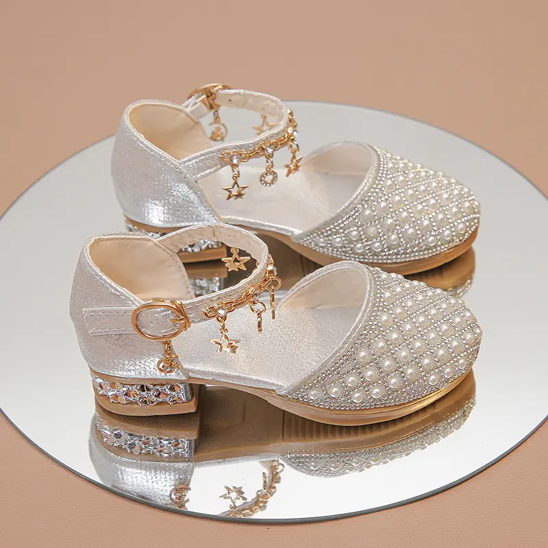 Girls Dress Shoes for Wedding Party Glitter Rhinestone with Pendants Shiny Glitter Fashion Princess Kids Leather Shoes High Heel