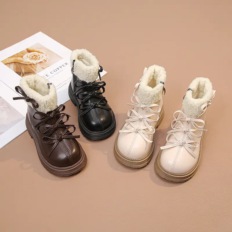Girls Princess Boots Suede for Winter Kids Short Boots Simple Bows 2025 Brand New Children Leather Boots Round Toes Side Zipper