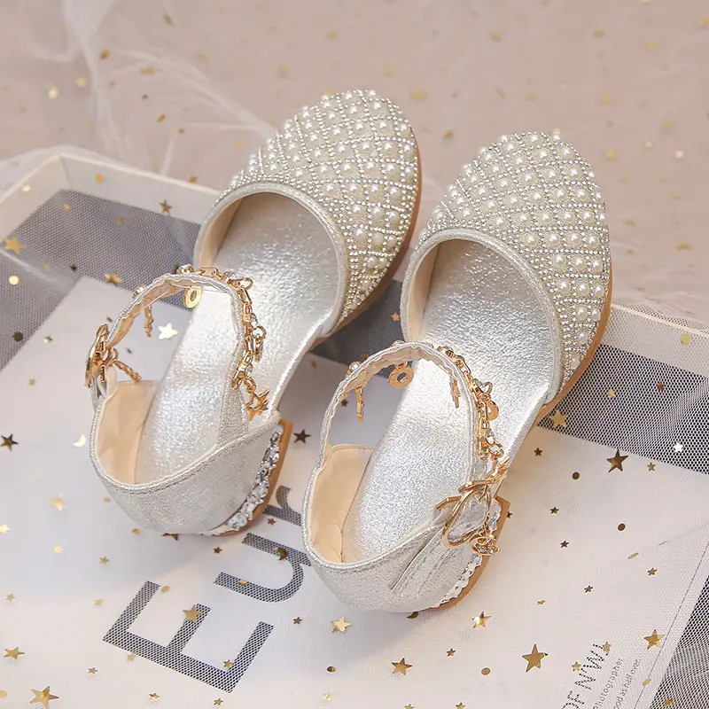 Girls Dress Shoes for Wedding Party Glitter Rhinestone with Pendants Shiny Glitter Fashion Princess Kids Leather Shoes High Heel