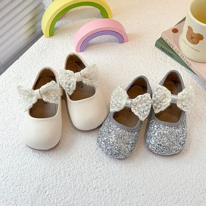 Girls Leather Shoes Mesh Lace Bows 2025 New Kids Flat Shoes Round Toes Sweet Ins Trendy Girls Princess Shoes Pu Elegant Shiny