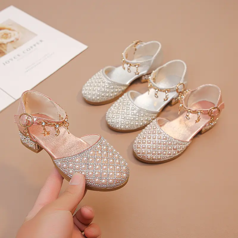 Girls Dress Shoes for Wedding Party Glitter Rhinestone with Pendants Shiny Glitter Fashion Princess Kids Leather Shoes High Heel
