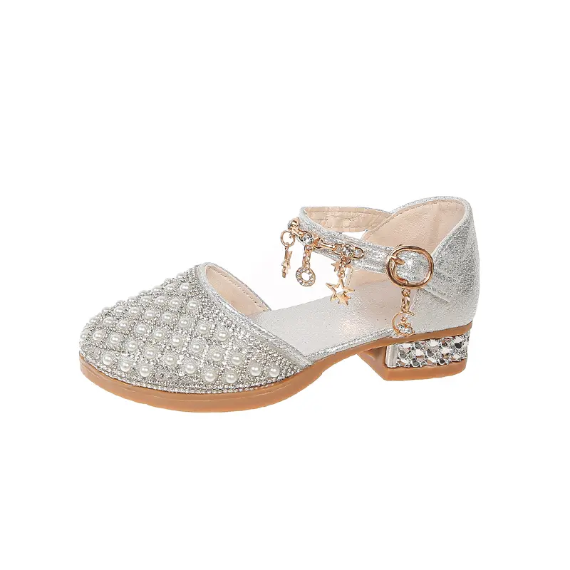 Girls Dress Shoes for Wedding Party Glitter Rhinestone with Pendants Shiny Glitter Fashion Princess Kids Leather Shoes High Heel