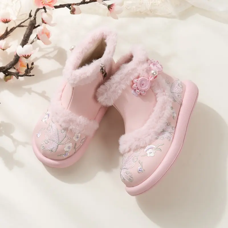 Girl Snow Boots Sweet National Style Winter Boots for Children Elegant Embroidered Kids Fashion Cotton Boots Warm Furry Hairy