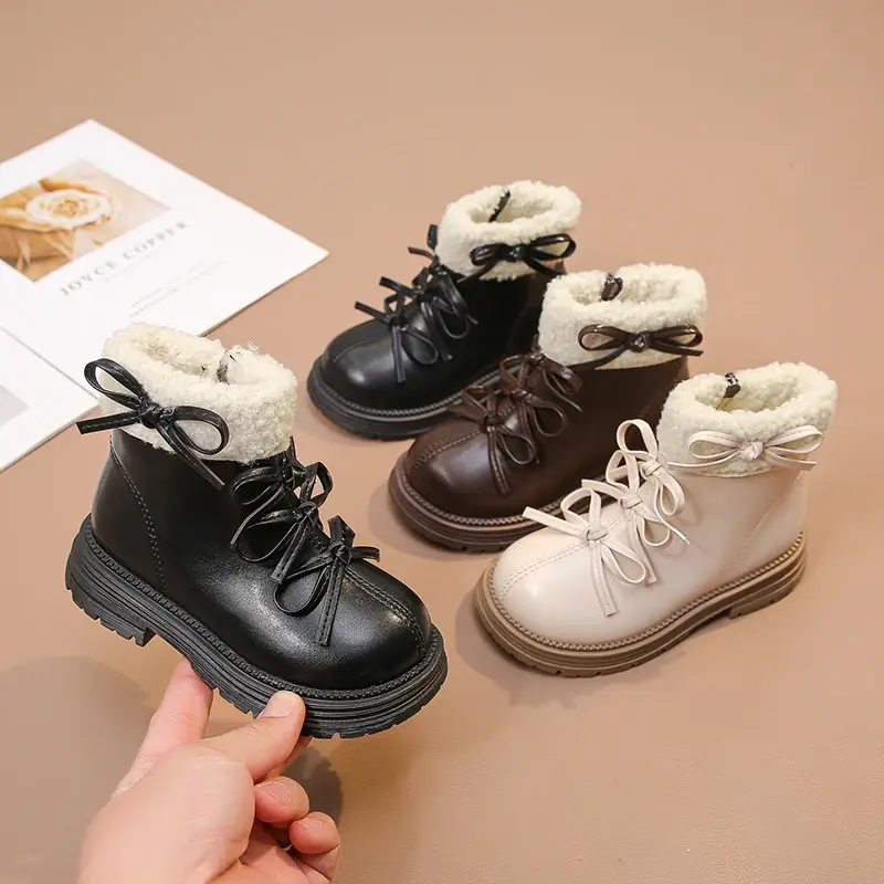 Girls Princess Boots Suede for Winter Kids Short Boots Simple Bows 2025 Brand New Children Leather Boots Round Toes Side Zipper