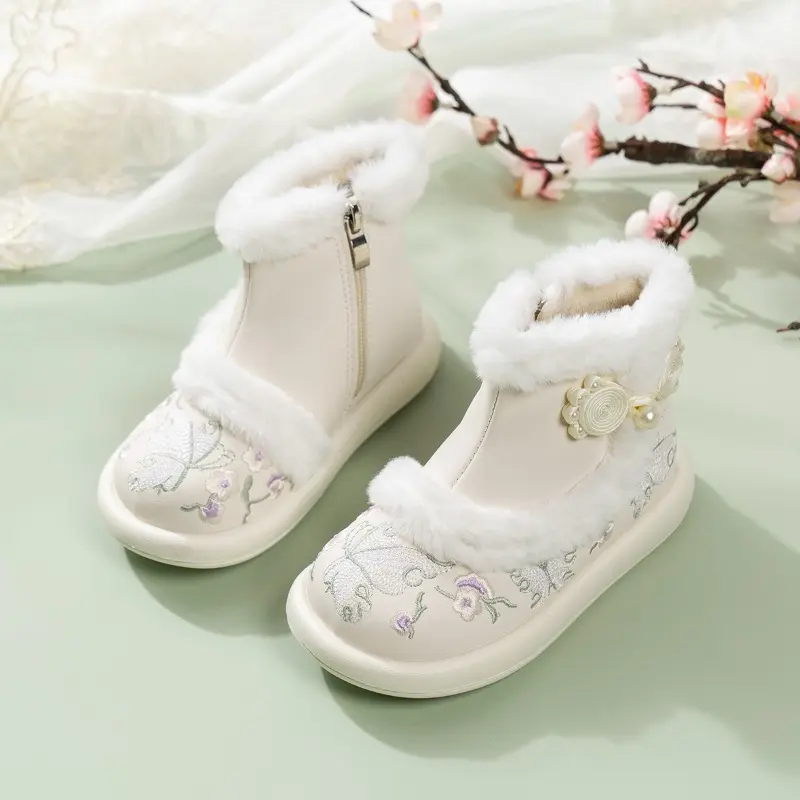 Girl Snow Boots Sweet National Style Winter Boots for Children Elegant Embroidered Kids Fashion Cotton Boots Warm Furry Hairy