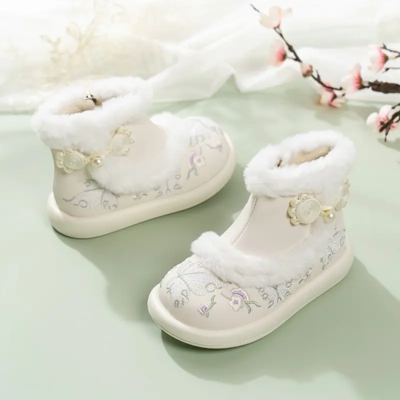 Girl Snow Boots Sweet National Style Winter Boots for Children Elegant Embroidered Kids Fashion Cotton Boots Warm Furry Hairy