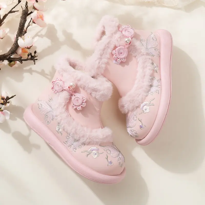 Girl Snow Boots Sweet National Style Winter Boots for Children Elegant Embroidered Kids Fashion Cotton Boots Warm Furry Hairy