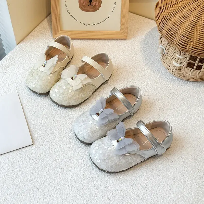 Girls MaryJanes Lace Butterfly Korean Style Kids Princess Shoes Round Toes Soft Sole 2025 Autumn New Children Flat Shoes Sweet
