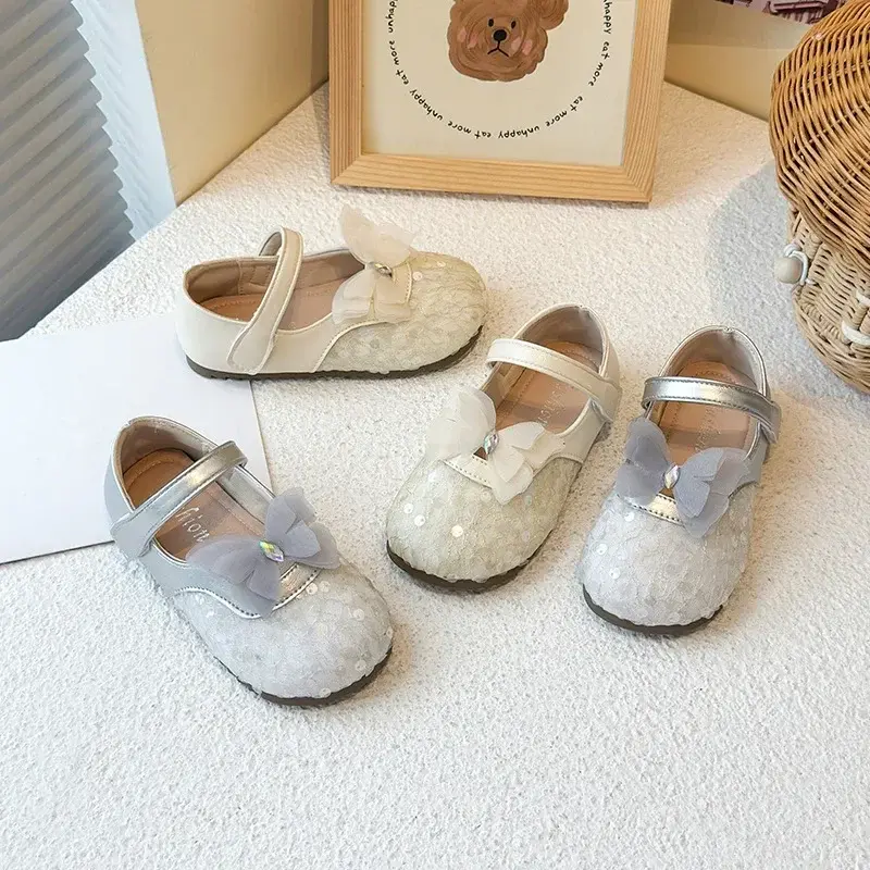 Girls MaryJanes Lace Butterfly Korean Style Kids Princess Shoes Round Toes Soft Sole 2025 Autumn New Children Flat Shoes Sweet