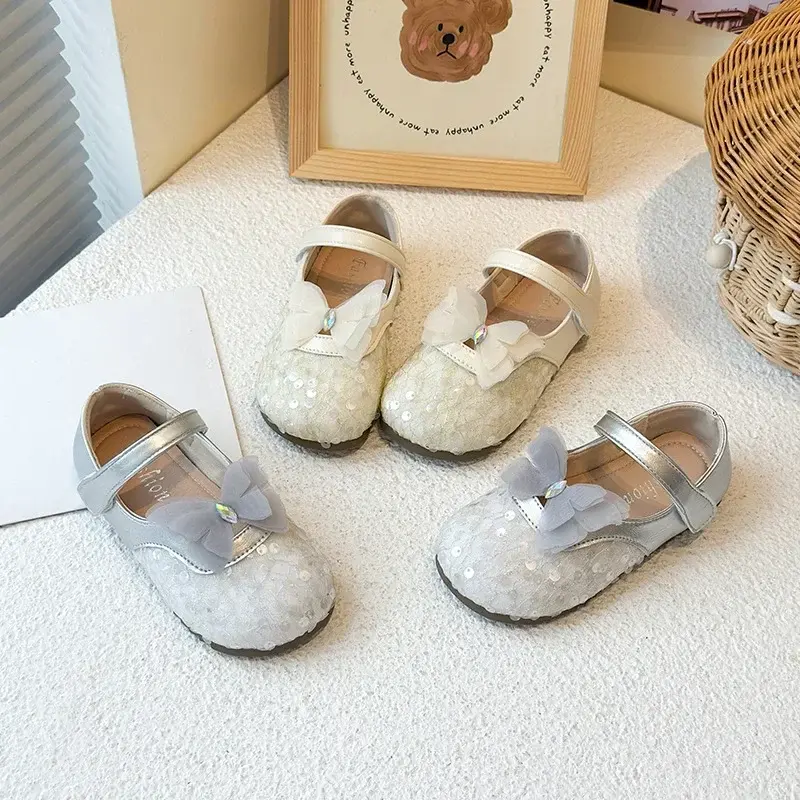 Girls MaryJanes Lace Butterfly Korean Style Kids Princess Shoes Round Toes Soft Sole 2025 Autumn New Children Flat Shoes Sweet