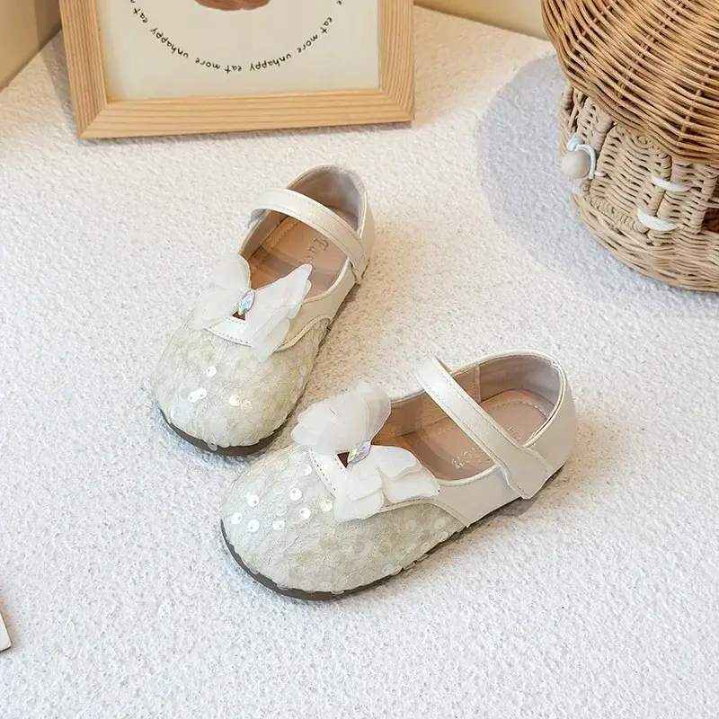 Girls MaryJanes Lace Butterfly Korean Style Kids Princess Shoes Round Toes Soft Sole 2025 Autumn New Children Flat Shoes Sweet