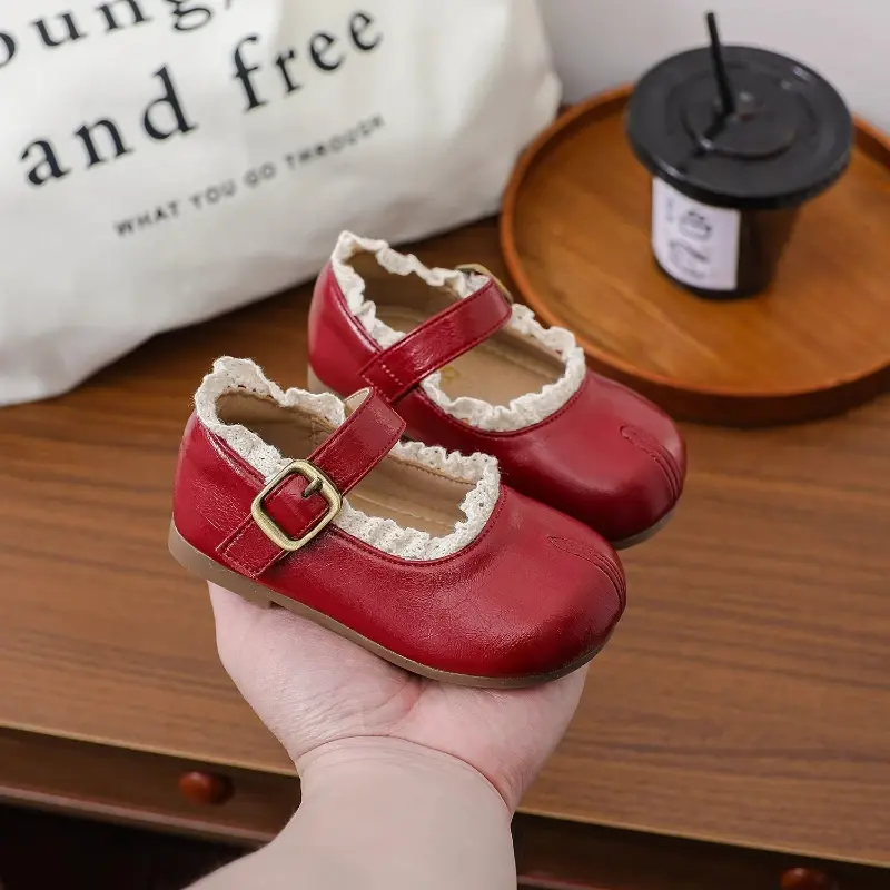 New Children's Spring Autumn Girls Leather Shoes Wine Red Simple Kids Ballet Flats Versatile Fashion Ruffled Edge Toddlers Shoes