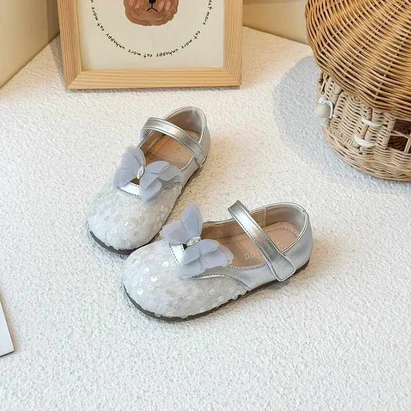 Girls MaryJanes Lace Butterfly Korean Style Kids Princess Shoes Round Toes Soft Sole 2025 Autumn New Children Flat Shoes Sweet