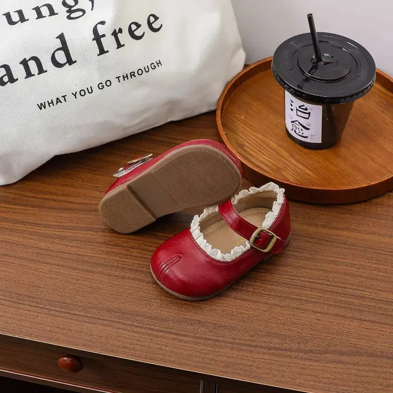 New Children's Spring Autumn Girls Leather Shoes Wine Red Simple Kids Ballet Flats Versatile Fashion Ruffled Edge Toddlers Shoes