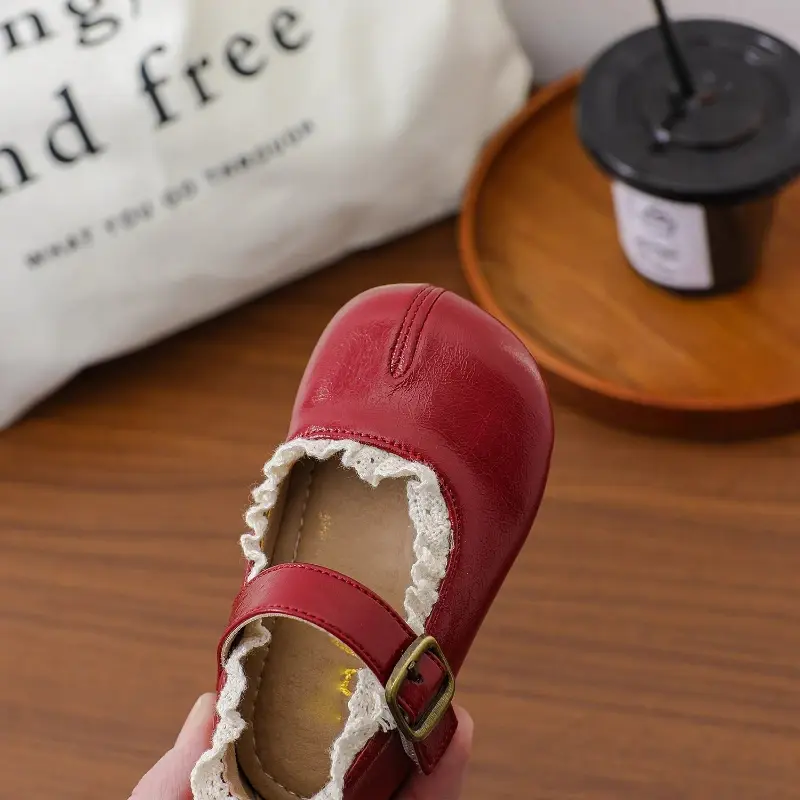 New Children's Spring Autumn Girls Leather Shoes Wine Red Simple Kids Ballet Flats Versatile Fashion Ruffled Edge Toddlers Shoes
