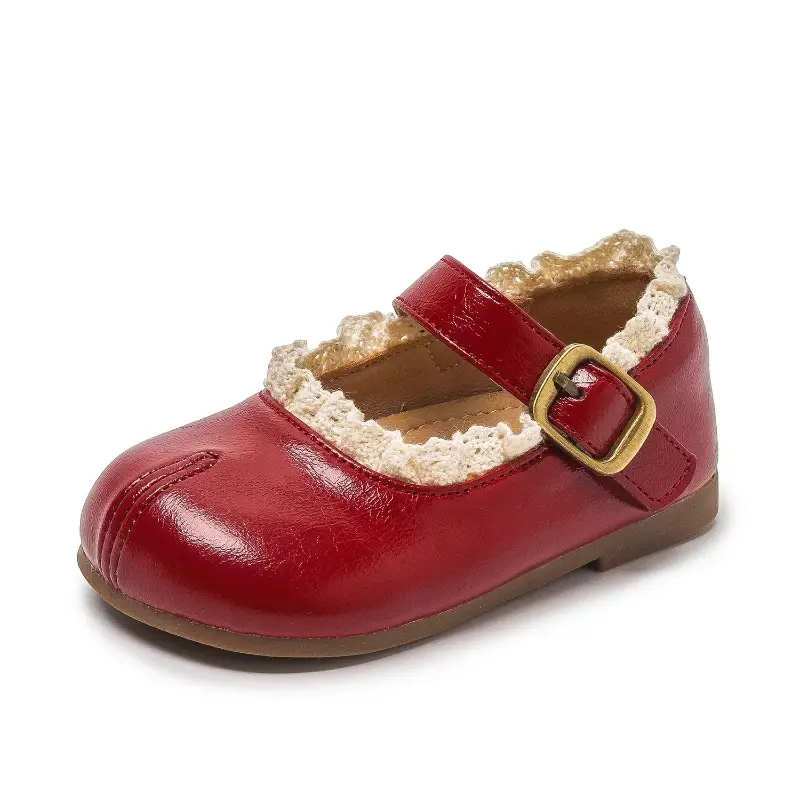 New Children's Spring Autumn Girls Leather Shoes Wine Red Simple Kids Ballet Flats Versatile Fashion Ruffled Edge Toddlers Shoes