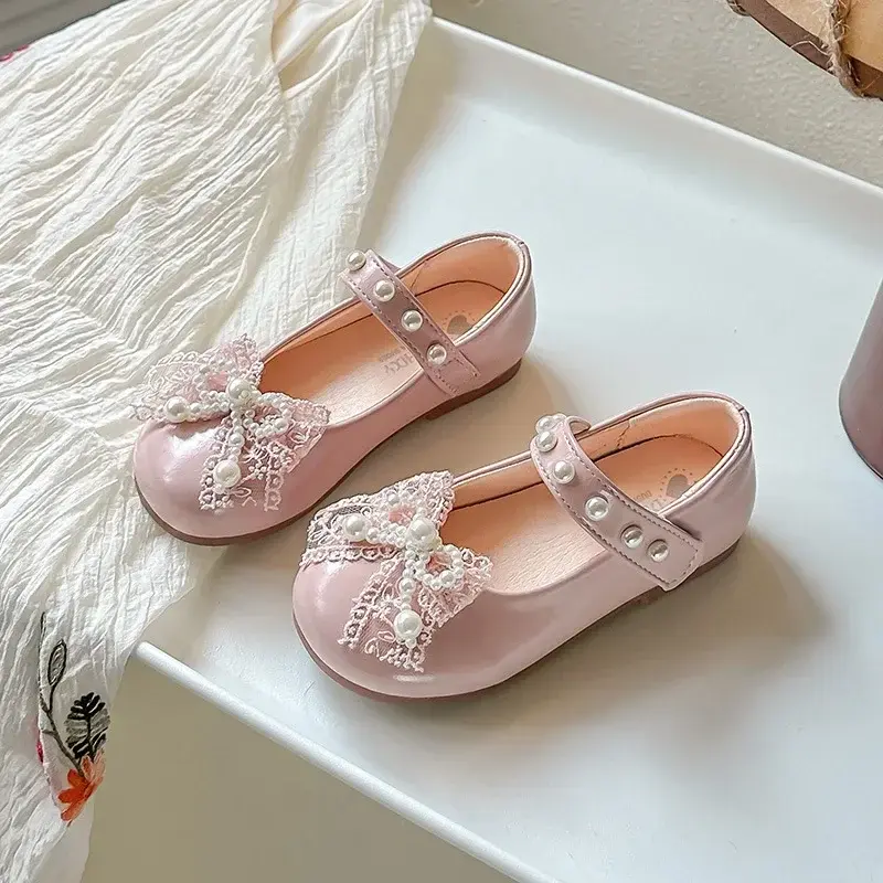 Girls Princess Shoes Mesh Lace Bows 2025 New Kids Leather Shoes Round Toes Non-slip Girls Flat Shoes Sweet Ins Trendy Soft Sole