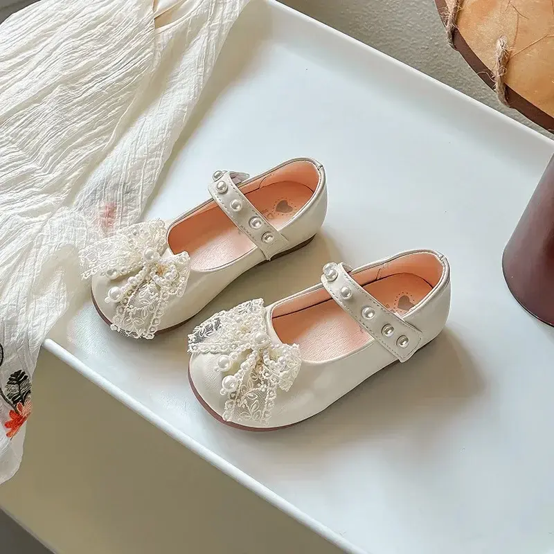 Girls Princess Shoes Mesh Lace Bows 2025 New Kids Leather Shoes Round Toes Non-slip Girls Flat Shoes Sweet Ins Trendy Soft Sole