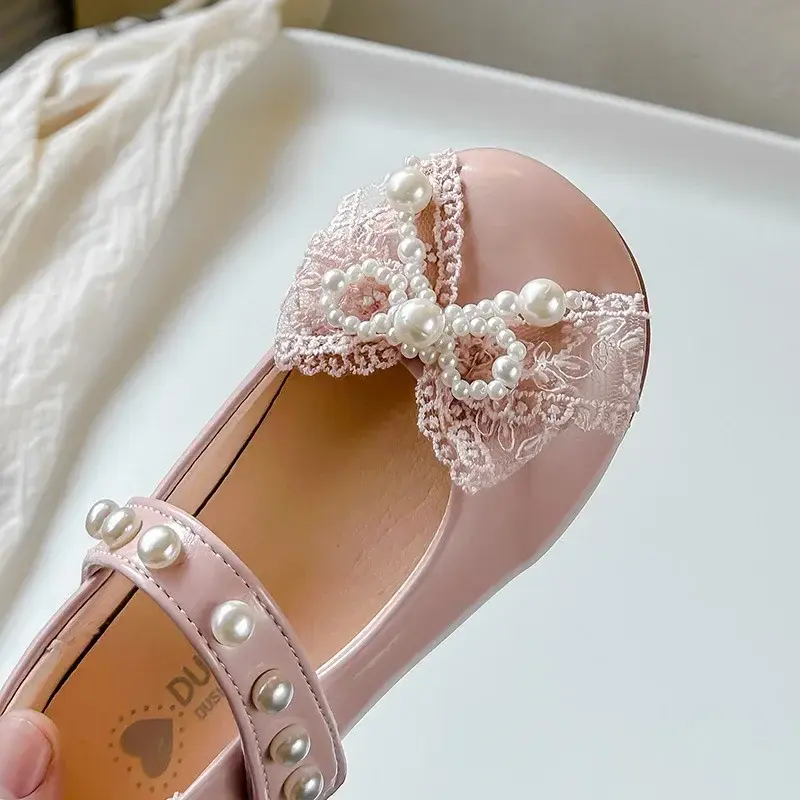 Girls Princess Shoes Mesh Lace Bows 2025 New Kids Leather Shoes Round Toes Non-slip Girls Flat Shoes Sweet Ins Trendy Soft Sole