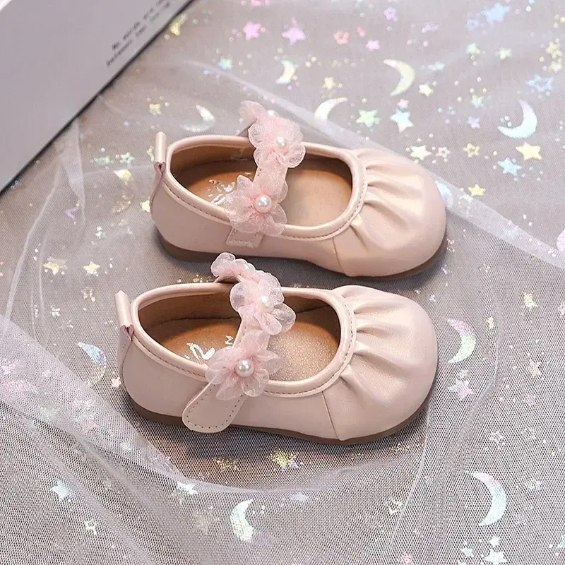 Baby Leather Shoes Pleated Girls Walking Shoes Lace Flowers Sweet 2025 New Fashion Toddler Princess Shoes Soild Color Versatile