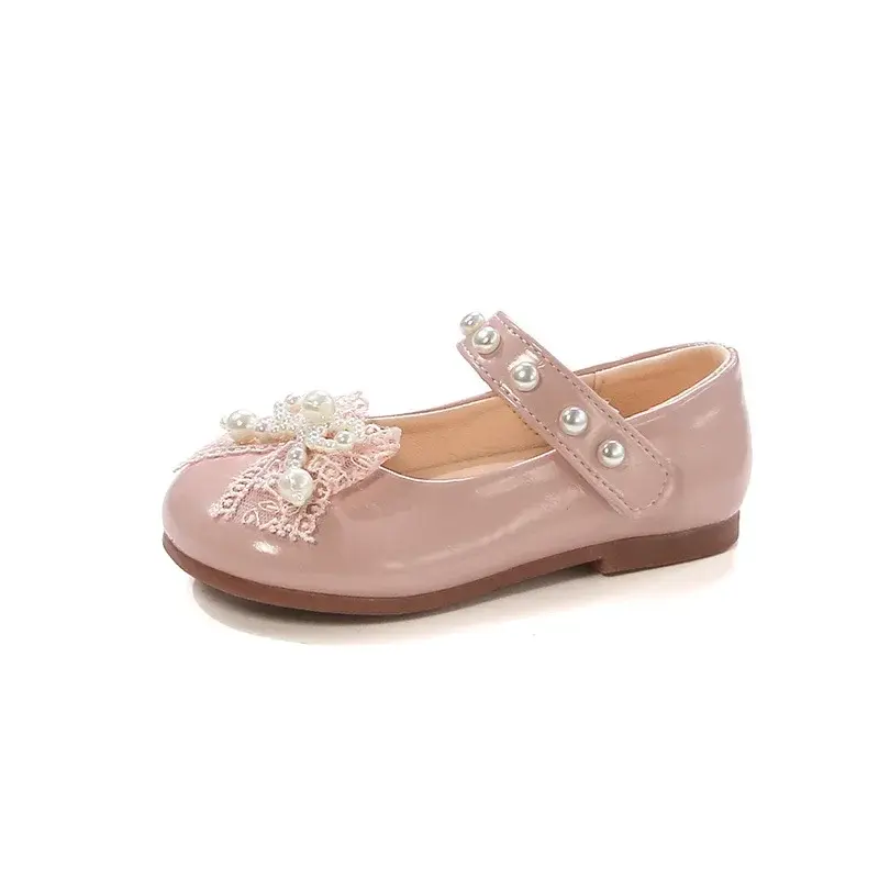 Girls Princess Shoes Mesh Lace Bows 2025 New Kids Leather Shoes Round Toes Non-slip Girls Flat Shoes Sweet Ins Trendy Soft Sole