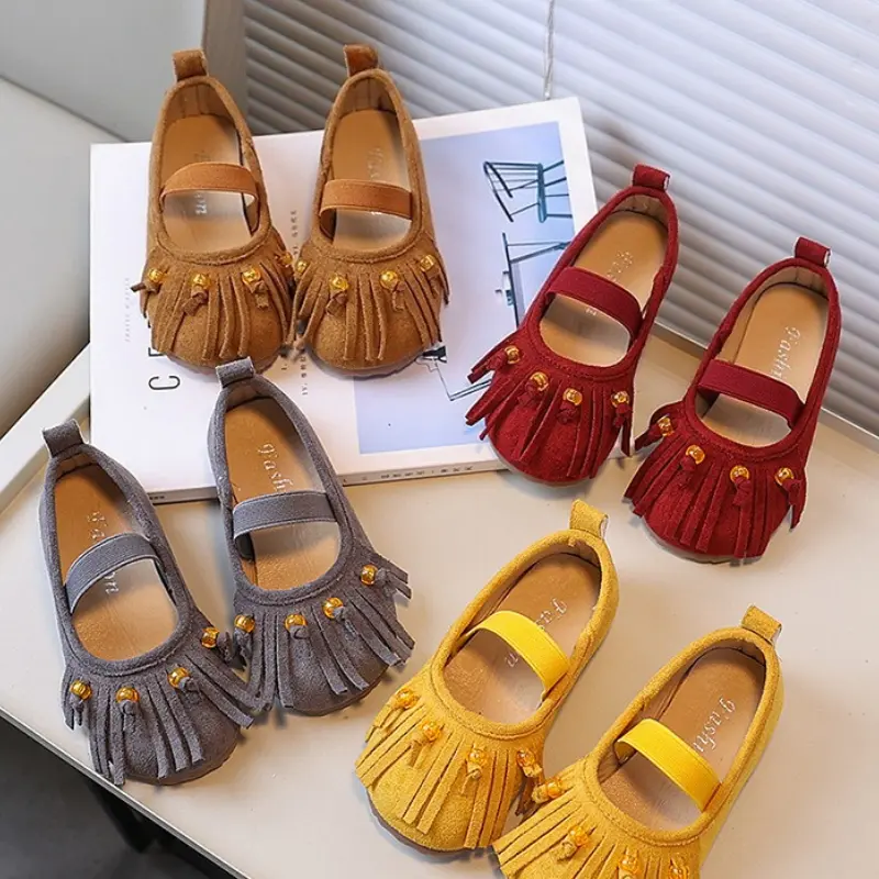 Retro Style Children's Flats New Fashion Girls Causal Leather Shoes Tassel Versatile Kids Slip-on Loafers Princess Ballet Shoes